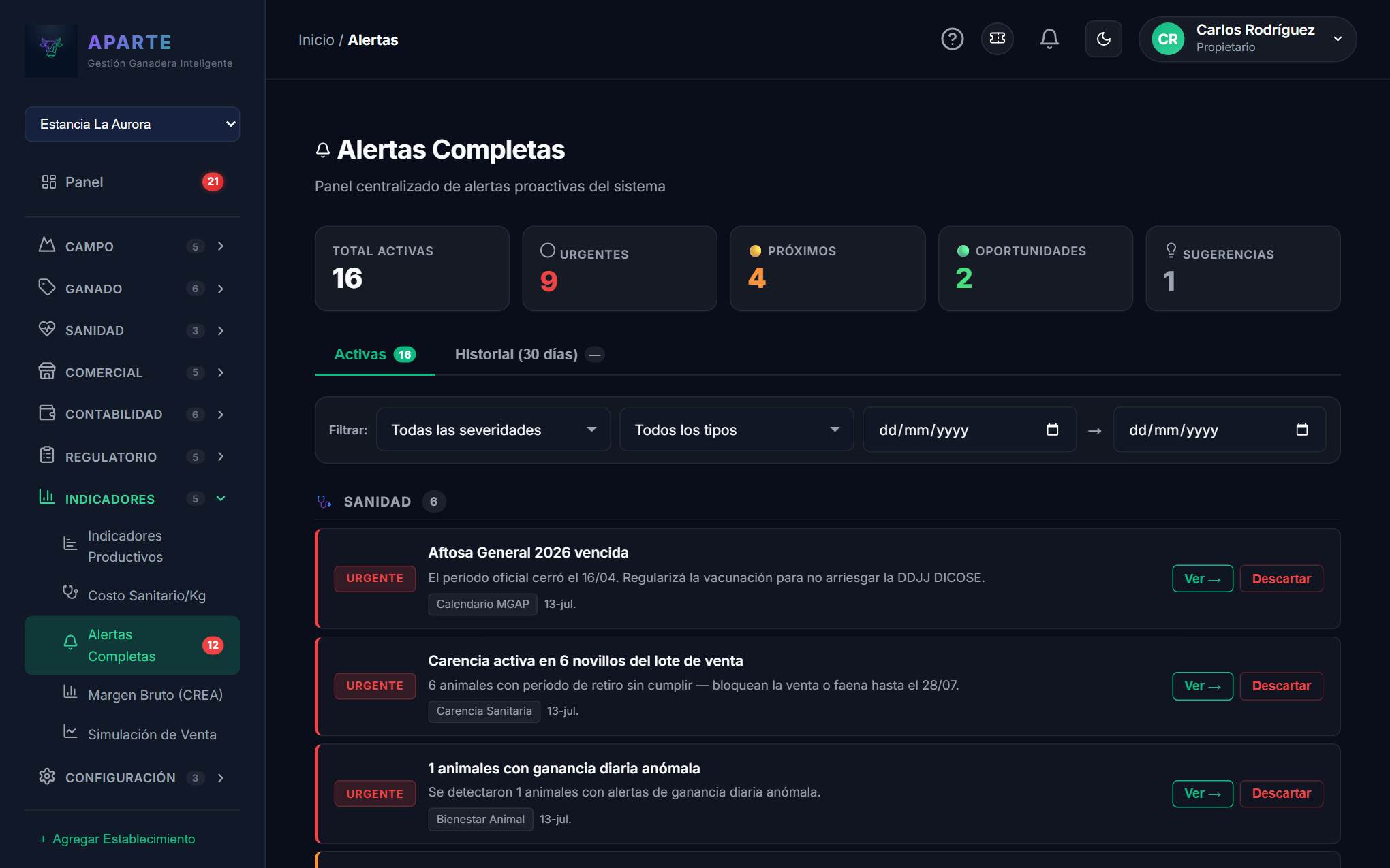 Feed del Asistente Ganadero de APARTE: alertas proactivas urgentes, próximas y oportunidades comerciales del establecimiento