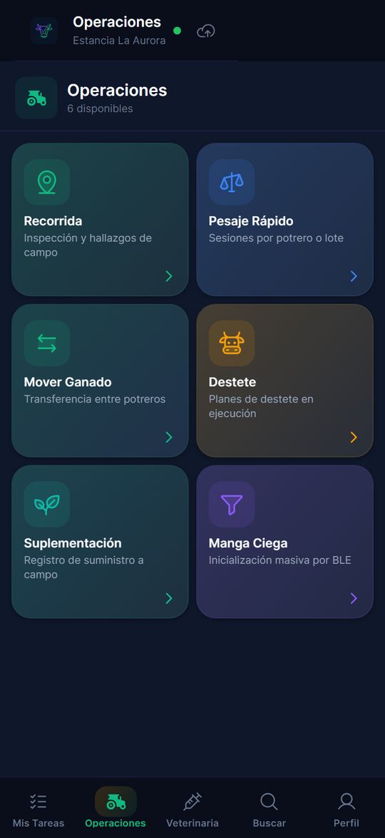App móvil de APARTE: hub de Operaciones a campo — recorrida, pesaje rápido, mover ganado, destete, suplementación y manga ciega por Bluetooth